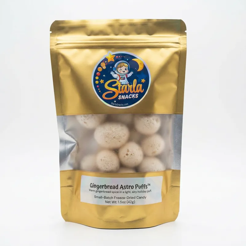 bag of gingerbread astro puffs - freeze dried taffy