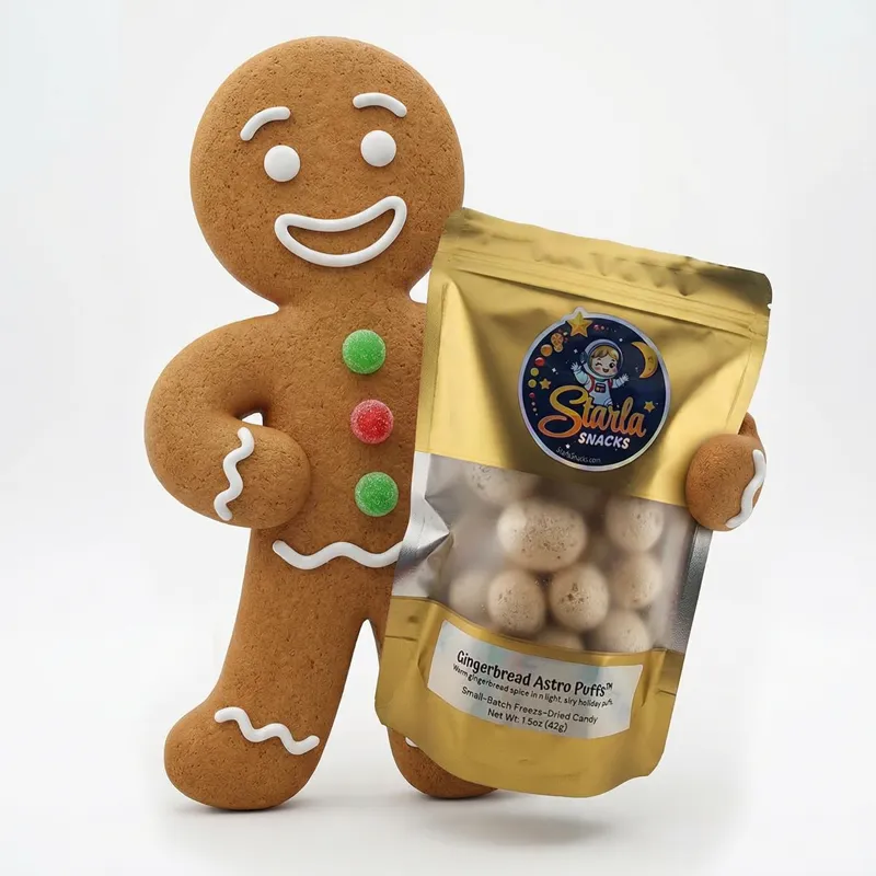 bag of astro puffs carried by a giant gingerbread man