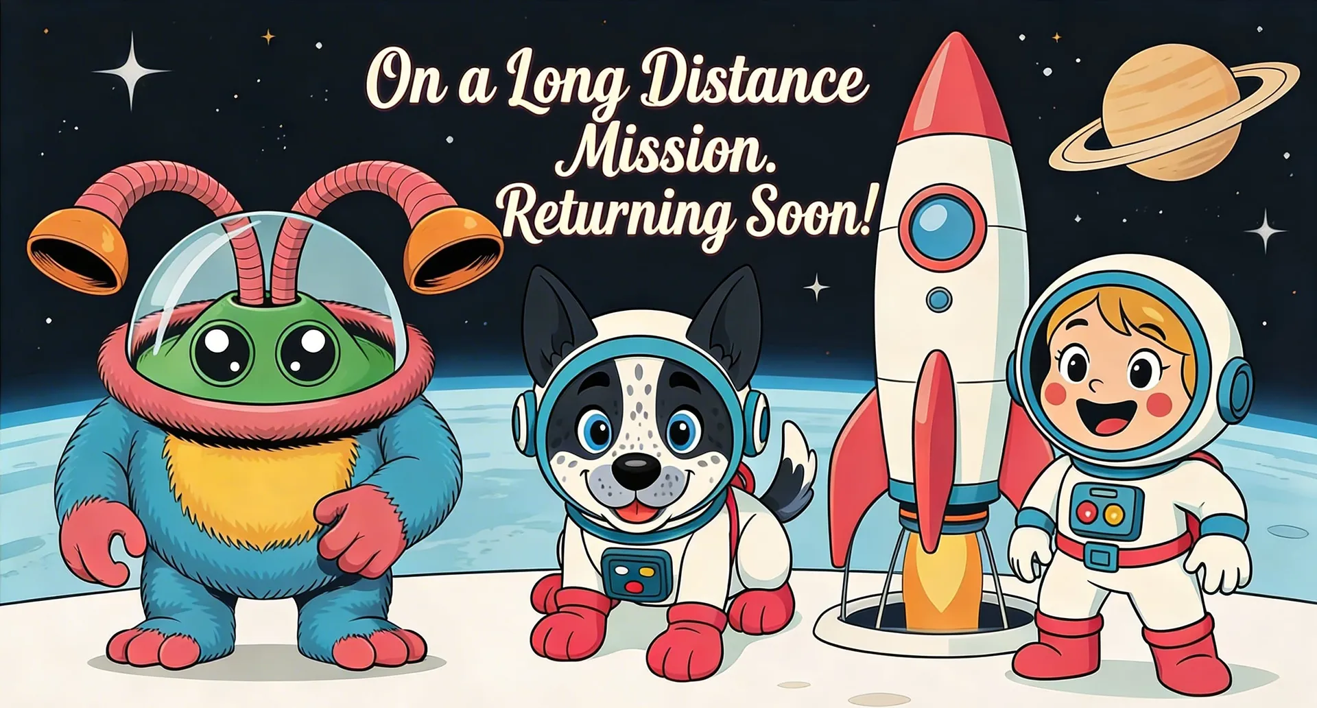 Long distance mission, Starla and friends in front of a rocketship